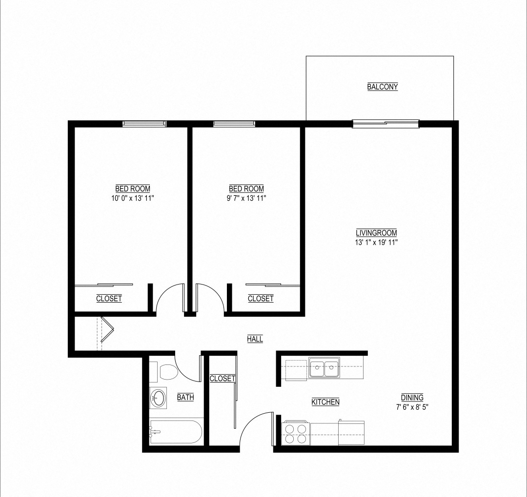 Floor plan for 2 beds, 1 bath, 897 sqft